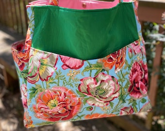 Priscilla#2251, Kaffe Fassett Rose Flower Bag, Tote For Large Projects, Yarn and Project Storage, Loom Carrier, Knitting Project Bag,