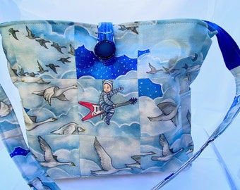 Whimsical Boy and Geese Tote, Patchwork Goose Knitting Bag, Dreamy Knitting Project Bag, Medium Tote For Many Projects, Yarn and Needle Bag