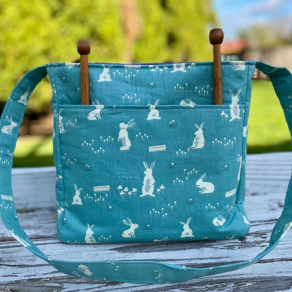 Whimsical Spring Rabbit Knitting Bag, Small Project Tote, Knitting Project Bag,  Spring Knit and Crochet Bag,  Gift For Knitter, Yarn Tote
