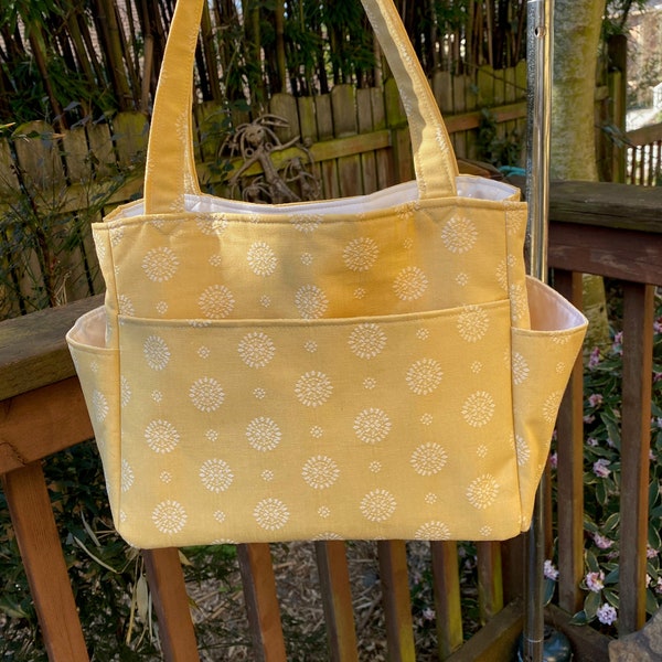Katrina#2108, Amber Yellow Self Standing Project Tote With White Flowers, Knitting Project Tote, Tote For Many Projects, Large Project Tote