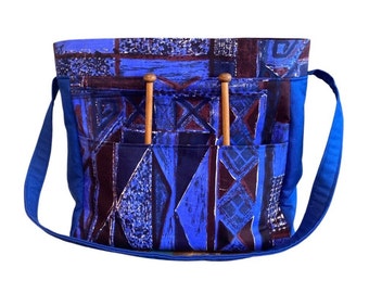 Royal Blue Tahitian Fabric Knitting Bag, Large Zippered Project Bag, Knitting Project Bag, Yarn and Project Storage Bag, Yarn Organizing Bag