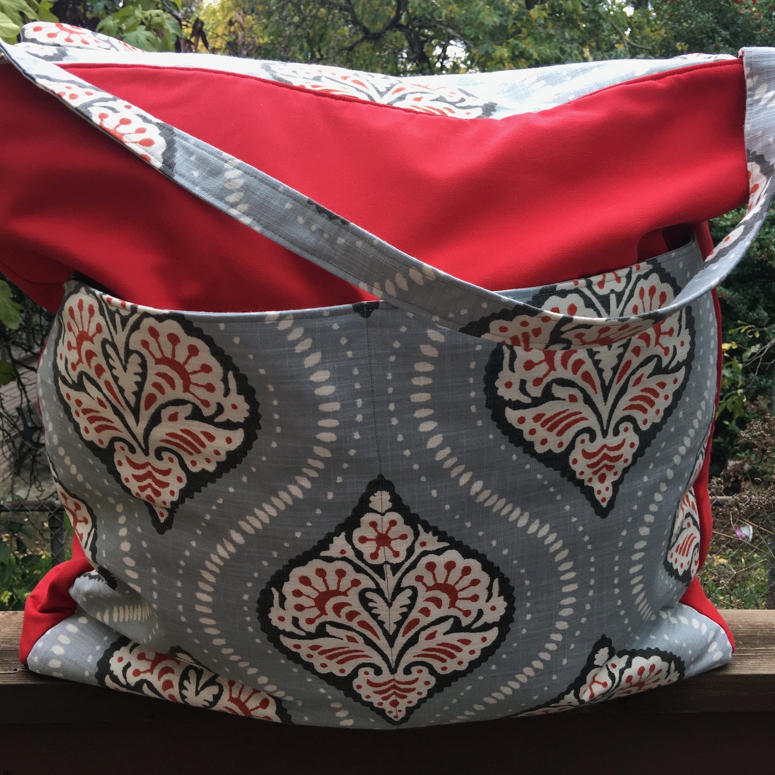 large bag with red and blue print fabric