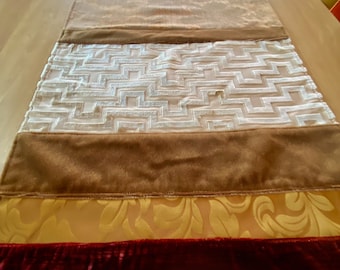 TableRunner#2108 Plush Table Runner With Panels of Vintage Fabrics Elegant Table Runner in Burgundy and Gold Chenille Designer Fabric