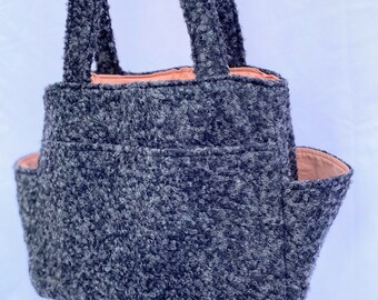 Gray Nubby Knitting Bag, Expanding  Project Tote, Knitting Project Bag,Gray Wooly Fabric Project Bag, Yarn and Project Storage Bag,Gift Bag