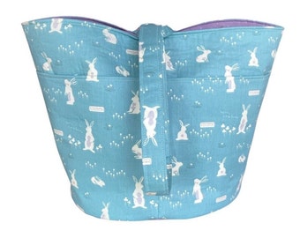 Blue Bunny Circular Knitting Bag, Large Circular Bucket Project Bag, Easter or Spring Knitting Bag, Spring Bunny Decor Bucket Bag,