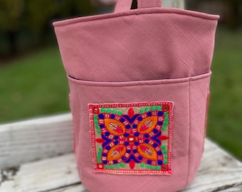 Small Pink Project Bag, Circular Knitting Bag, Kantha Stitched Knitting Bag, Gift For Her,Sock and Hat Project Bag,Self Standing Project Bag