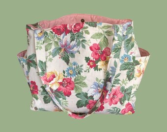 Vintage Floral Fabric Large Knitting Tote, Project and Weekend Tote, Very Large Project Bag, Blanket Project Bag, Yarn and Project Storage