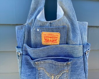 Used Blue Jean Project Tote, Large Yarn Storage Denim Tote, Large Knitting Project Bag, Recycled Blue Jean Bag, Tote With 14 Pockets, Knit