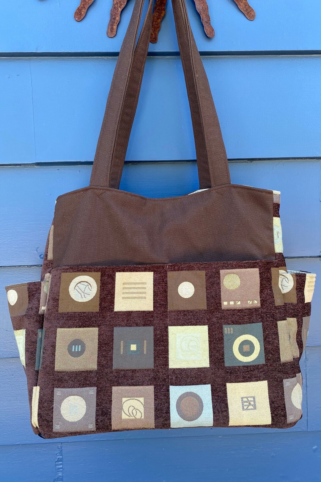 Vintage Upholstery Fabric Large Tote Geometric Upholstery Etsy