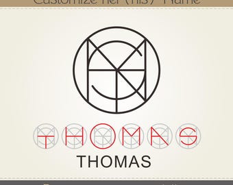 May include: A design for a name tattoo, featuring a black geometric monogram within a circle, with the name "THOMAS" below in red and gray circles. The text "Customize her (his) Name" and "Design your own name tattoo" are also present.