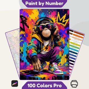 Cool Monkey Graffiti Paint by Number Printable, Hip Hop Chimpanzee Color by Number, Street Art Wall Decor, Chimp Art, Digital Download