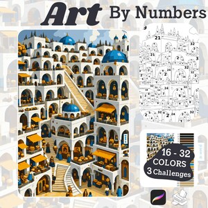 May include: A colorful "Art By Numbers" paint-by-numbers kit. The image features a detailed illustration of a Mediterranean town with white buildings, blue domes, and yellow awnings. Includes a color key and a challenge guide with 16-32 colors.
