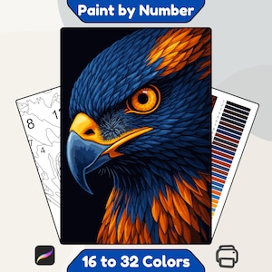 Peut inclure: Un kit de peinture par numéros avec une illustration détaillée de la tête d'un aigle. L'aigle a des plumes bleues, des accents orange et un bec jaune. Le kit comprend une palette de couleurs et un guide numéroté. Le texte "Paint by Number" et "16 to 32 Colors" sont affichés.
