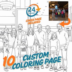 10 custom coloring pages created from your personal photos. Personalized photo-to-sketch service for adults and kids. High-quality line art delivered within 24 hours. Perfect DIY coloring book gift and custom party activity from my Etsy shop. Personalized