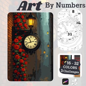 May include: An "Art By Numbers" kit featuring a street scene with a clock, roses, and street lamps. The kit includes a paint-by-numbers design of the scene, with 16-32 colors and 3 challenges.