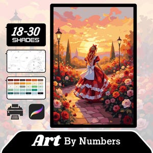 Può includere: Un kit di pittura numerata "Art By Numbers" incorniciato. L'opera raffigura una donna in abito rosso che cammina in un roseto al tramonto. Il kit include una tavolozza di colori, una guida numerata e il testo "18-30 SHADES".