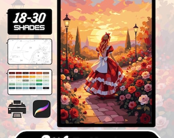 Bloemen landschap geavanceerd kleuren op nummer, schetsboek, Afdrukbaar, Digitale download, Volwassene, Verf op nummer, Stalen voortplanten