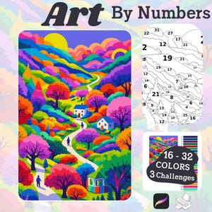 May include: A vibrant "Art By Numbers" paint-by-numbers kit. The image features a colorful landscape with a winding path, houses, and trees. The kit includes a numbered outline and a color palette with 16-32 colors and 3 challenges.