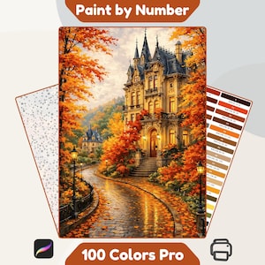 Autumn Mansion Paint by Number Printable, Color by Number Procreate Fall Estate Art, Victorian House Digital Download