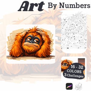 May include: An "Art By Numbers" kit featuring a cartoon orangutan with its hands on its head, looking stressed. The kit includes a numbered painting template, and a color palette with 16-32 colors. The kit offers 3 challenges.