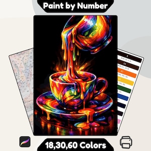 May include: A vibrant paint-by-number kit featuring a colorful coffee cup design. The image shows a cup and saucer with rainbow-colored paint pouring into the cup. The kit includes 18, 30, and 60 colors, with color charts and a print icon.