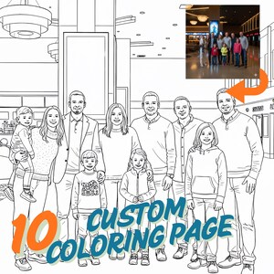 10 custom coloring pages created from your personal photos. Personalized photo-to-sketch service for adults and kids. High-quality line art delivered within 24 hours. Perfect DIY coloring book gift and custom party activity from my Etsy shop.