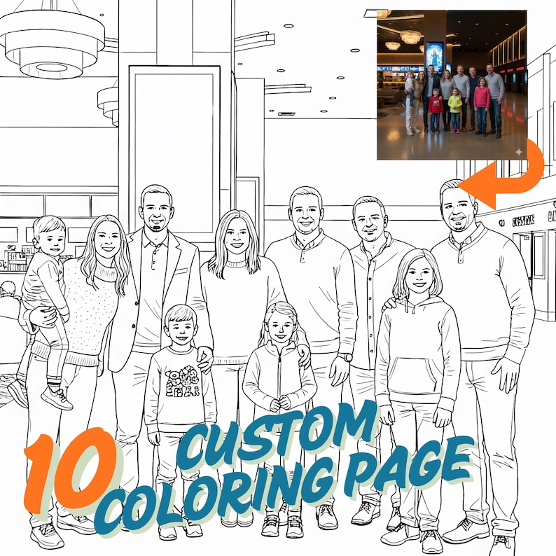 10 custom coloring pages created from your personal photos. Personalized photo-to-sketch service for adults and kids. High-quality line art delivered within 24 hours. Perfect DIY coloring book gift and custom party activity from my Etsy shop.