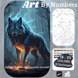 May include: Digital art by numbers kit featuring a dark blue wolf with fiery orange accents and glowing blue energy. The kit includes a numbered painting template, color palette, and the text "Art By Numbers". The kit includes 18-30 colors and 3 challenges.