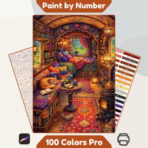 May include: A Paint by Number kit featuring a detailed illustration of a cozy, book-filled room with a sleeping orange cat on a patterned bench, a central round table, a wood-burning stove, and a color palette guide with 100 numbered paint swatches.