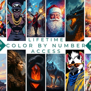 Pode incluir: Uma coleção de impressões de arte digital coloridas com vários personagens de fantasia e cultura pop. As imagens incluem um coelho, um rapper, um mágico, o Papai Noel, um dragão, uma princesa, um farol, uma mulher nativa americana, uma cobra, um lobo, uma hiena e uma mulher com tranças. O texto "LIFETIME COLOR BY NUMBER ACCESS" também está presente.