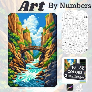 May include: Art by Numbers kit featuring a landscape scene with a bridge over a river flowing through a canyon. The kit includes a numbered outline of the image, a color key, and instructions. The kit offers 16-32 colors and 3 challenges.