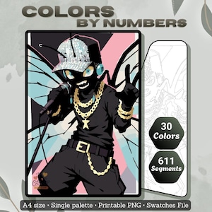 May include: A digital art print titled "Colors by Numbers" featuring a black character with a microphone, gold jewelry, and a butterfly wing design. The print includes 30 colors and 611 segments, and is A4 size.