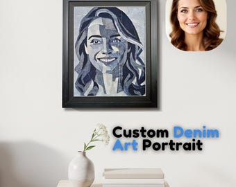 Custom Denim Portrait from Your Photo – Handmade Fabric Art, Personalized Gift, Wall Decor, Unique Etsy Keepsake, With Frame Included,