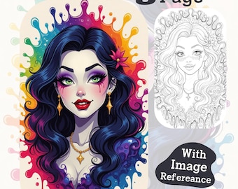 Gothic Dark Fairy Coloring Page, Rainbow Splatter Portrait (Digital Download)