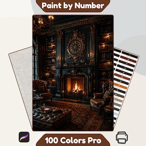 May include: A paint by number kit titled 100 Colors Pro featuring a dark library scene with a fireplace, leather armchairs, and a large wall clock. The set includes a canvas with a speckled texture and a color reference chart with numbered swatches.