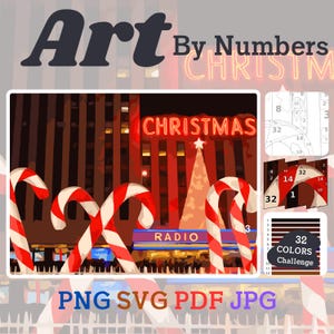 May include: A paint-by-numbers kit featuring a Christmas scene with candy canes, a lit Christmas tree, and the word "CHRISTMAS" in neon lights. The image also includes the text "Art By Numbers" and file type options.