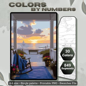 May include: A paint-by-numbers kit featuring a coastal scene with a sunset over the ocean. The image shows a porch with a rocking chair, a blue blanket, and potted flowers. The kit includes 30 colors and 849 segments. The text reads "COLORS BY NUMBERS".