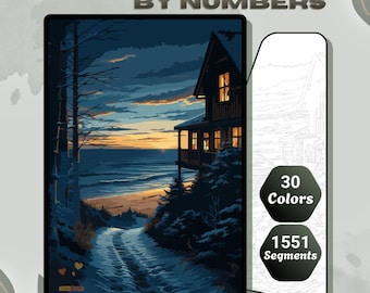 Wintercabine schilderen op nummer | Calm View digitale kleurplaat (PNG + stalen)