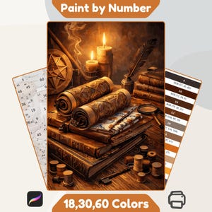 May include: A paint-by-number kit featuring a still life scene with books, scrolls, candles, and a quill. The color palette includes browns, tans, and creams. The kit includes 18, 30, and 60 colors.