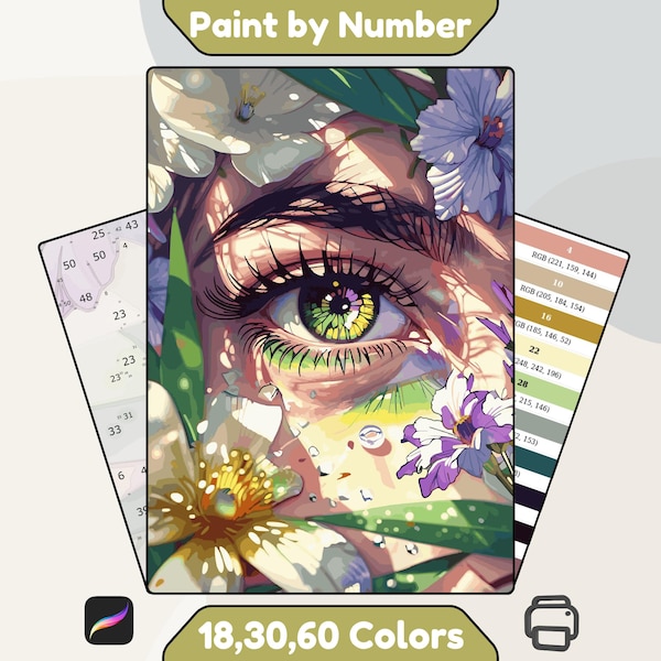 花の目の数字で描く絵、シュールな顔のアート、美しい花の肖像、デジタルダウンロード、大人の数字で描く絵キット