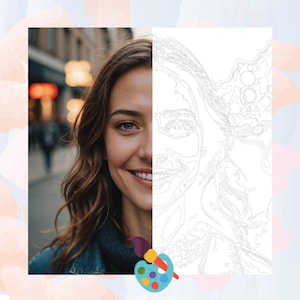 Puede incluir: Una imagen dividida muestra el rostro sonriente de una mujer a la izquierda y un contorno de pintar por números del mismo rostro a la derecha. La mujer tiene cabello castaño y lleva una chaqueta vaquera. Una paleta y un pincel coloridos están en la esquina inferior derecha.
