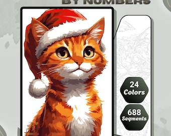 Puede incluir: Un kit de pintar por números con un gato de dibujos animados con un gorro de Papá Noel. La imagen incluye el texto "COLORS BY NUMBERS", "24 Colores" y "688 Segmentos". El kit es de tamaño A4 e incluye una paleta única, PNG imprimible y archivo de muestras.