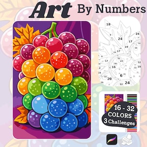Puede incluir: Un kit "Art By Numbers" con un racimo de uvas colorido. Las uvas son de un arcoíris de colores, desde el morado hasta el azul, verde, amarillo y rojo. El kit incluye un contorno numerado de una hoja y una clave de color con 16-32 colores.
