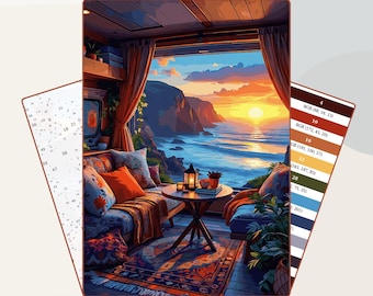 Cozy Ocean View Paint by Number Printable, Color by Number Sunset Seascape Cabin Wall Art Digital Download, PDF SVG PNG, 3 Levels