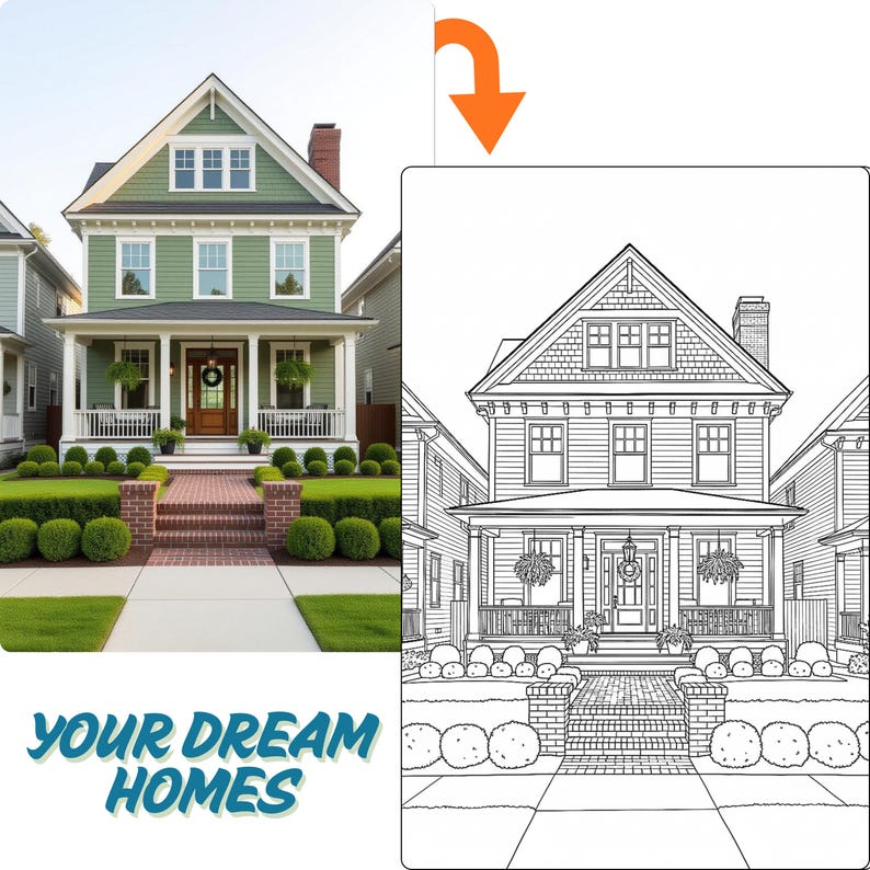 Professional hand-drawn style coloring page transformation. Clean, bold black outlines with no shading, perfect for markers and crayons. Turn 10 family photos or pet pictures into printable coloring sheets with fast 24-hour digital delivery.
