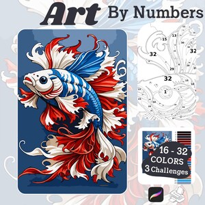 Pode incluir: Um kit de arte por números com um peixe betta estilizado em vermelho, branco e azul sobre um fundo azul marinho. O kit inclui um contorno numerado e uma chave de cores para 16-32 cores, com 3 desafios. O texto diz 'Art By Numbers'.