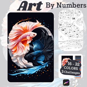 May include: Art by Numbers kit featuring a stylized illustration of two betta fish in orange, white, and blue against a black background. The kit includes a numbered painting guide with 16-32 colors and 3 challenges.