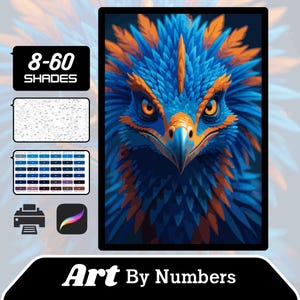 Peut inclure: Une peinture vibrante d'un oiseau de proie aux plumes bleues et oranges. L'œuvre est intitulée "Art By Numbers" et comprend des icônes pour l'impression et l'art numérique. Une palette de couleurs et un guide numéroté sont également présents.