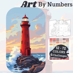 Pode incluir: Um kit de pintura por números com um farol vermelho numa costa rochosa, com o texto "Art By Numbers". O kit inclui uma paleta de cores, um contorno numerado e o texto "12-72 Cores, 6 Desafios."