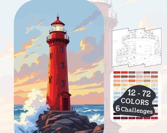 Op de afbeelding: Een schilderen-op-nummer-set met een rode vuurtoren op een rotsachtige kust, met de tekst "Art By Numbers". De set bevat een kleurenpalet, een genummerde omtrek en de tekst "12-72 Kleuren, 6 Uitdagingen."